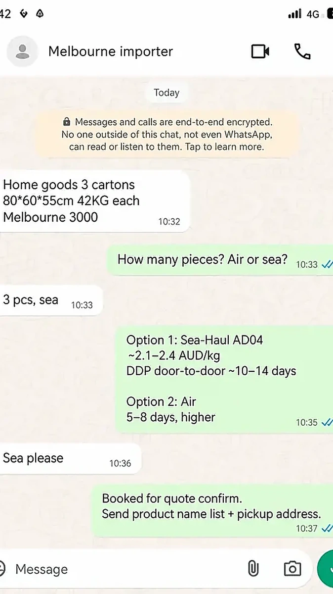 WhatsApp 完整方案报价 — 墨尔本海运 DDP